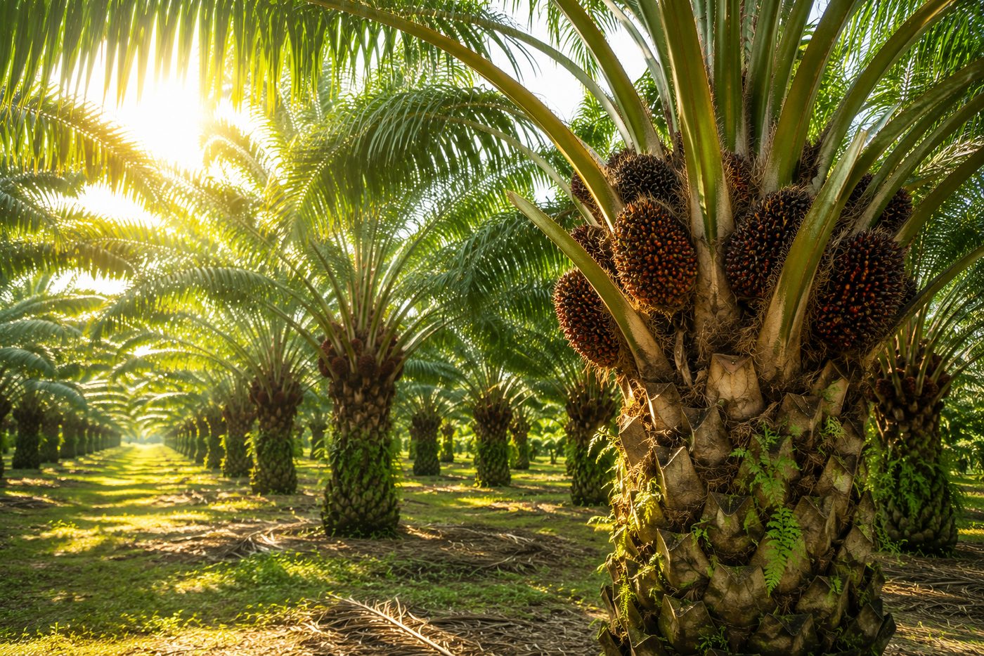Ripe palm fruit bunches on the tree